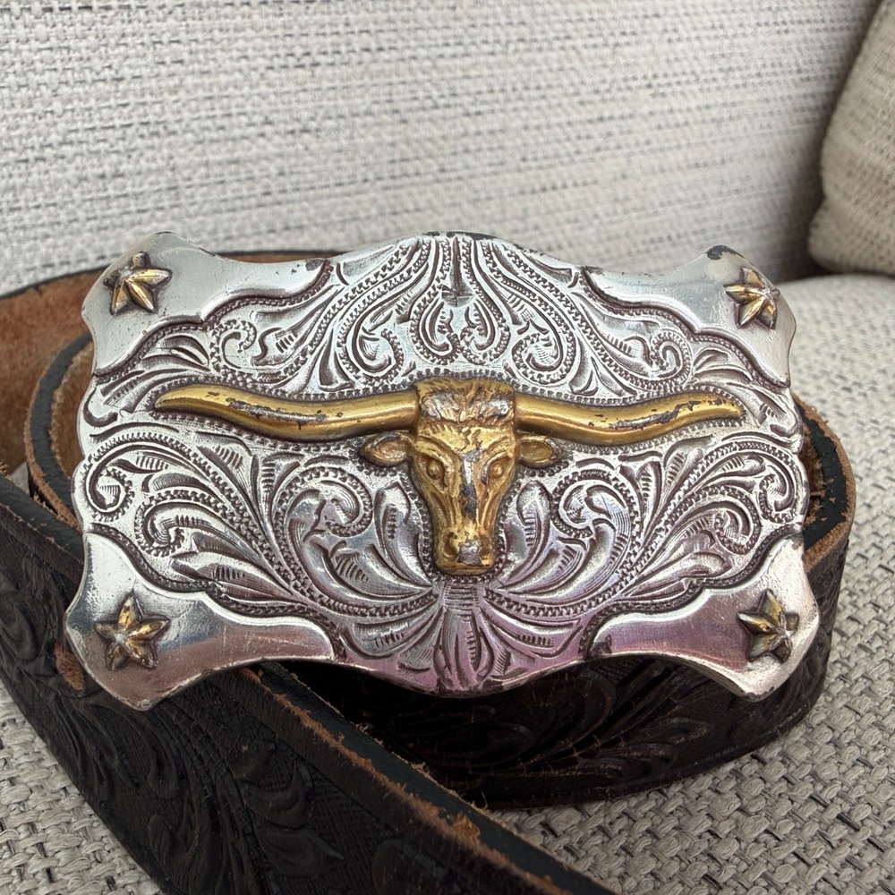 Tony Lama Kids Black Tooled Leather Belt Silver Gold Longhorn Buckle 22"  cowboy